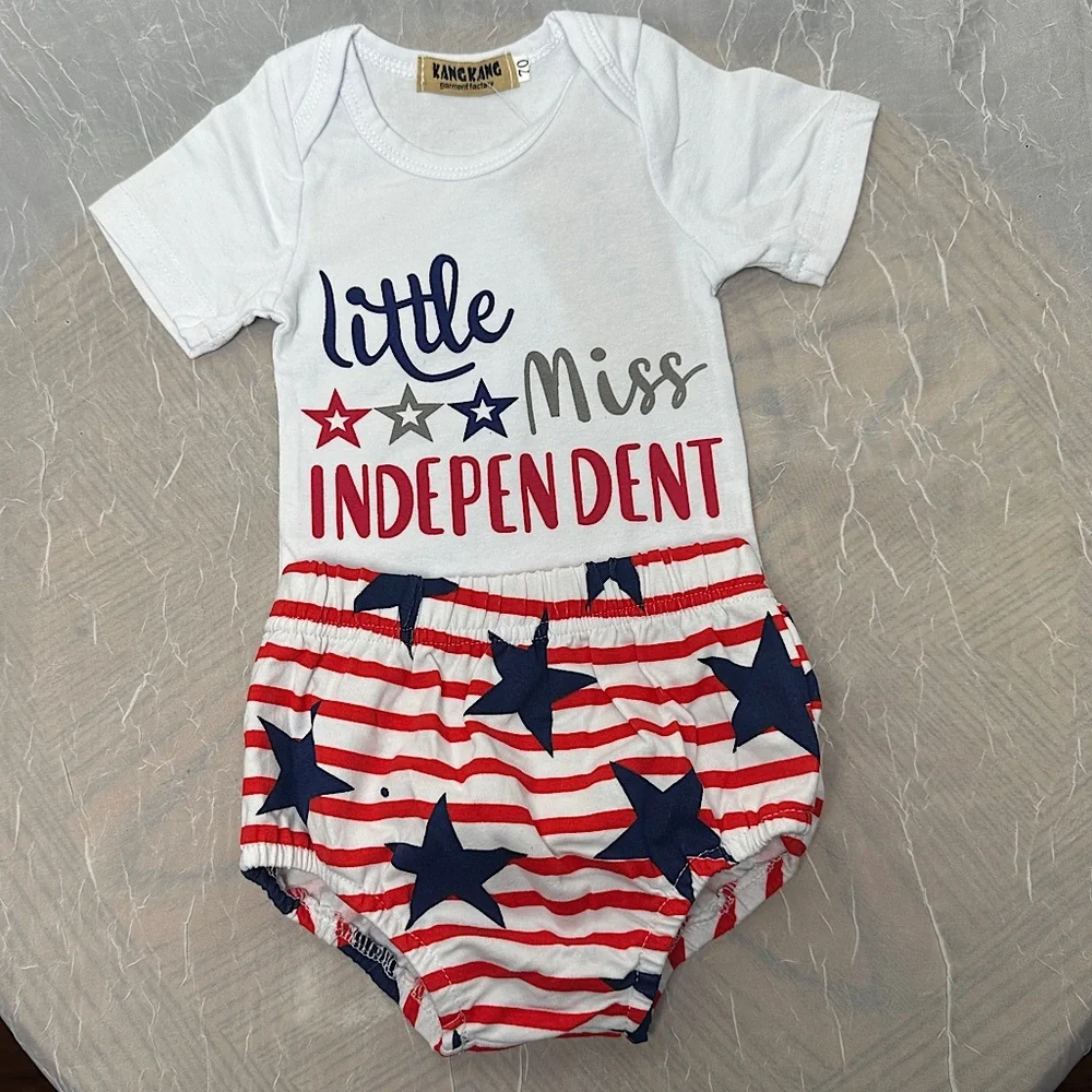 3/$20💥 Red‎ White & Blue Stars & Stripes Little Miss Independent Newborn Outfit